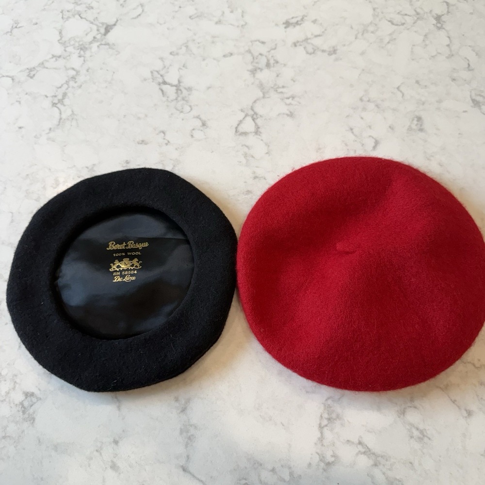 Vintage French Basque De Luxe Beret Black 100% Wool + Red Wool Beret
